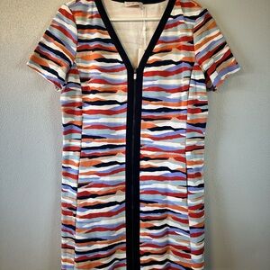 Tory Burch Abstract Striped Cotton Full-Zip V-neck T-Shirt Dress